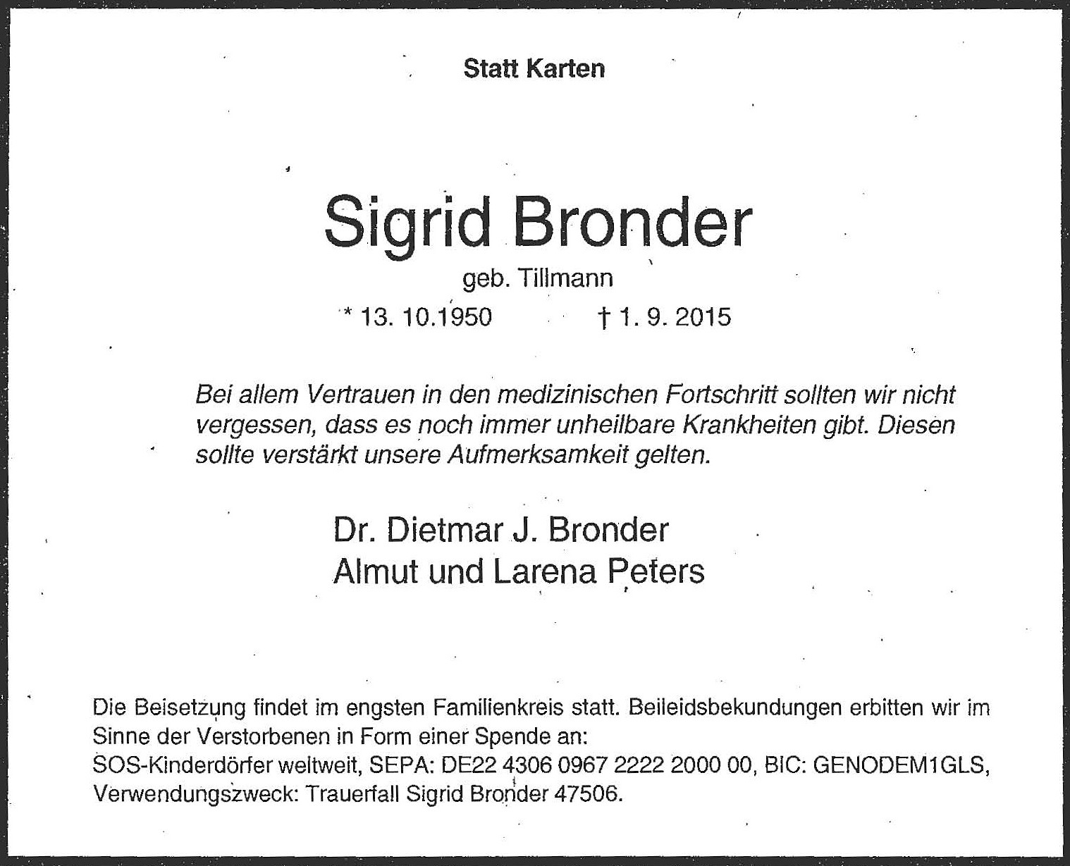 Tod von Sigrid Bronder * 13.10.1950 + 1.9.2015